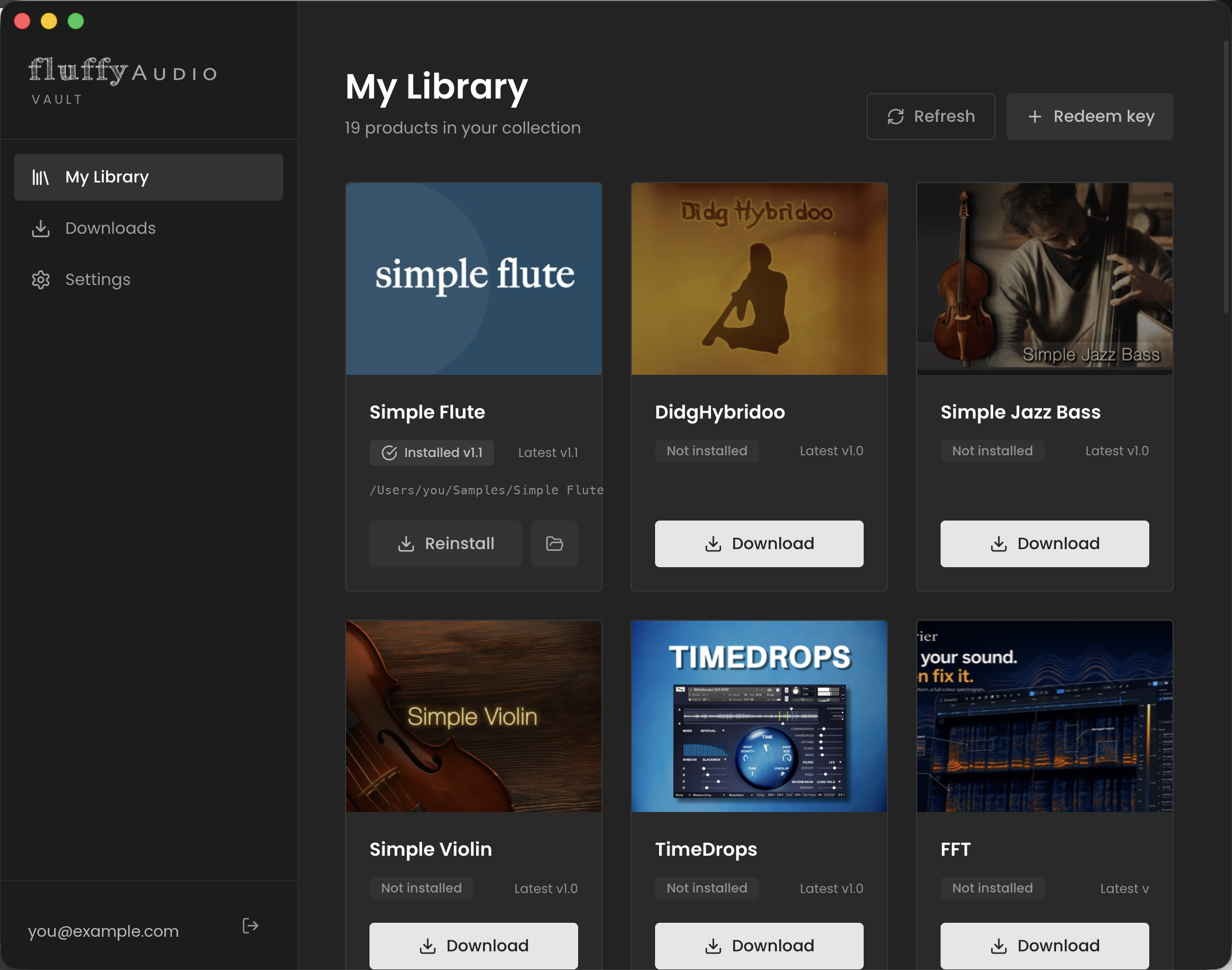 The FluffyAudio Vault library view: every product you own with its install state