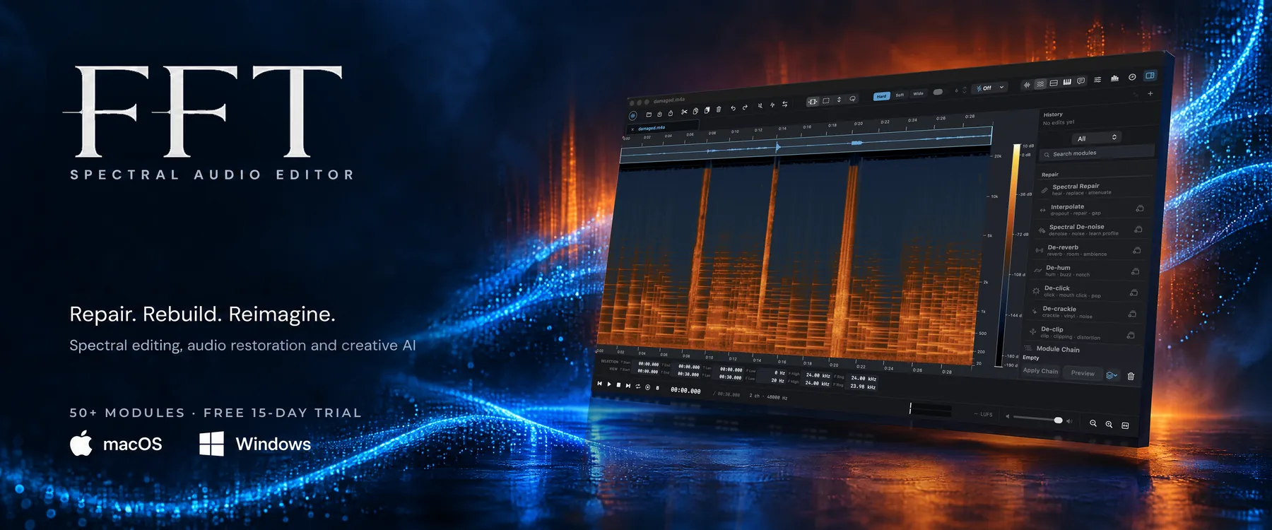 FFT, Spectral Audio Editor. Repair. Rebuild. Reimagine. Spectral editing, audio restoration and creative AI. 50+ modules, free 15-day trial, for macOS and Windows. The FFT editor shows a spectrogram with the Repair modules open.