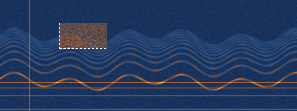Spectrogram before repair &mdash; a 60 Hz hum line, a click transient and a noise cloud